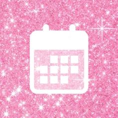 a pink glitter background with a calendar icon