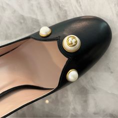 Authentic Gucci Pumps Brand New Never Worn Elegant Gucci Heels With Leather Sole, Gucci Luxury Heels With Round Toe, Elegant Gucci Calf Leather Heels, Gucci Luxury Almond Toe Heels, Gucci Designer Flat Heels, Designer Gucci Flat Heels, Designer Gucci Heels With Flat Heel, Gucci Pumps, Pearl Details