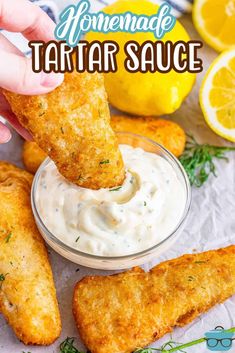 homemade tartar sauce in a small glass bowl being dipped with a tortilla stick