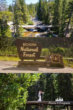 the bighorn national forest sign is in front of some trees and water with people standing on it