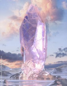 a large pink crystal standing in the middle of a body of water under a cloudy sky