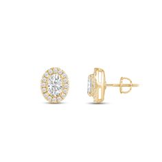 Classic oval cut earrings with a stunning halo of round stones encircling the center stone.A lovely outfit-maker, this pair of stud earrings is what you need to give any ensemble a polished, put-together finish Elegant Oval Diamond Cluster Earrings, Timeless Oval Jewelry With Halo Design, Timeless Oval Halo Design Jewelry, Oval Yellow Gold Brilliant Cut Earrings, Formal Oval Earrings With Diamond Accents, Timeless Oval Jewelry With Halo Setting, Oval Diamond Cluster Earrings For Formal Events, Classic Cluster Earrings With Halo And Cubic Zirconia, Classic Cluster Earrings With Halo Design For Formal Events