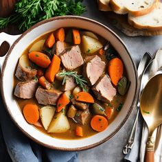 a bowl filled with meat and carrots on top of a table next to bread