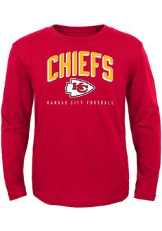 Kansas City Chiefs Toddler Red Arched Standard Long Sleeve T-Shirt - 133402587 Red Long Sleeve T-shirt With Screen Print, Red Long Sleeve T-shirt With Letter Print, Red Long Sleeve Top With Text Print, University Red Cotton Top For Fall, Game Day Graphic Tee With Long Sleeves, Red Fan Apparel T-shirt For Fall, Red T-shirt With Text Print For Fall, Red T-shirt For Fall Fan Merchandise, Red Screen Print T-shirt For Fall