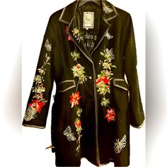 Gorgeous Like New Jacket/Duster. Vibrant Embroidery. Designer Embroidered Fall Outerwear, Designer Embroidered Outerwear For Fall, Designer Embroidered Fitted Outerwear, Fall Black Intricately Embroidered Outerwear, Designer Winter Outerwear With Intricate Embroidery, Garment Sewing, Embroidered Coat, New Jacket, Sewing Ideas