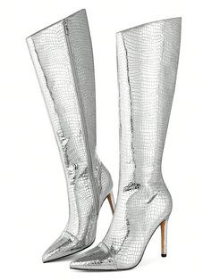 Elevate your fashion game with Reflective Glamour's Metallic Knee-High Stiletto Boots. These boots feature a sleek, reflective design that adds a touch of glamour to any outfit. Perfect for the fashion-forward woman in search of statement footwear. Color : Silver Snake Closure Type : Back Zipper Insole Material : Fabric Lining Material : Microfiber Leather Outsole Material : Rubber Upper Material : PU Leather Fitted Silver Glamorous Knee-high Boots, Silver Boots For Club, Glamorous Fitted Silver Heeled Boots, Silver Fitted High Heel Boots, Silver Fitted Knee-high Boots, Trendy Metallic Boots For Night Out, Metallic Fitted Heeled Boots With Pointed Toe, Metallic Fitted Boots For Night Out, Silver Fitted Heeled Boots With Pointed Toe