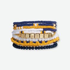 Bracelet Stack Game Day Navy + Yellow + White Stack Game, Letter Bead Bracelets, Navy And Yellow, Word Bracelet, Ring Bag, 18k Gold Jewelry, Eyeglass Chain, Bead Bracelets, Seed Bead Bracelets