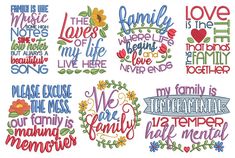 embroidery designs with words and flowers on the front, back and sides of each design