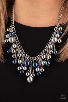 Attached to silver chains, a bubbly collection of blue and gray pearls and shiny silver beads cascade from a thick silver chain, creating a flirtatious fringe below the collar. Features an adjustable clasp closure. Sold as one individual necklace. Includes one pair of matching earrings. Celebrity Necklace, Multi Necklace, Beaded Jewelry Necklaces, Silver Chains, Paparazzi Accessories, Boutique Accessories, Paparazzi Jewelry, Pearl Grey, Stunning Necklace