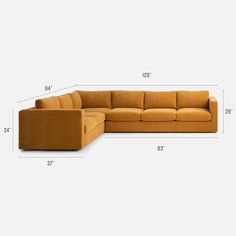 the sectional couch is shown with measurements for each seat and back side, along with an ottoman