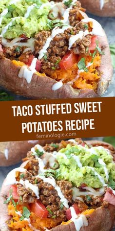 taco stuffed sweet potatoes are loaded with meat, cheese and avocado on top