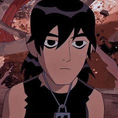 an anime character with black hair and eyes staring at something in the distance, while he is