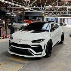 a white sports car parked in a garage