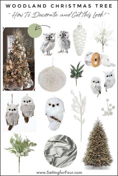 the woodland christmas tree is decorated with owls, pine cones and other things to decorate