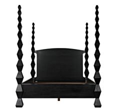 a black bed frame with four posts and a headboard made out of plinted wood