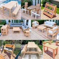 several different pictures of outdoor furniture on a wooden deck and in front of a swimming pool