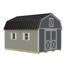 a small gray barn with a black roof