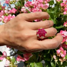 Handmade Style: Cocktail Ring Material: 18k Yellow Gold Plated, Lab Simulated Ruby Stones, Fine Pave CZ Stones Imported Item Number: 6891 Ruby Cocktail Ring, Ruby Cocktail, Ruby Flower, Credit Card Online, Ruby Stone, Handmade Fashion, Flower Ring, Cz Stone, Cocktail Ring