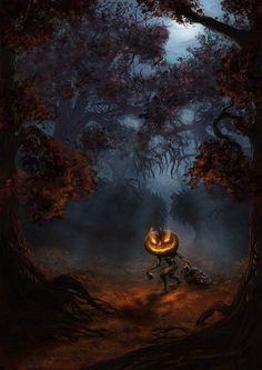 a creepy pumpkin in the middle of a forest