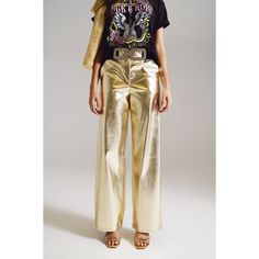 These pants boast a straight leg design with a shimmering metallic finish, complete with side pockets and zip closure. These pants are a stylish and functional addition to any wardrobe, offering a polished look that'll make any outfit shine. Runs true to size. S.90% Polyurethane 10% Elastane Gold Pants Outfit, Gold Pants, Parents Baby, Leg Design, Short Jumpsuit, Bottom Clothes, Polished Look, Pants Outfit, Straight Leg Pants