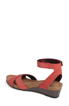 A cork and memory foam footbed adds lightweight comfort to this minimalist ankle-strap sandal. 1 3/4" heel;  1/2" platform (size 39) 3 1/2" shaft Adjustable hook-and-loop strap Lightweight shock-absorbing footbed with arch support Leather upper and lining/synthetic sole Imported Women's Shoes American Podiatric Medical Association (APMA) Seal of Acceptance Brick Red, Wedge Sandal, Sandal Women, Cork Wedge, Ankle Strap Sandals, Arch Support, Wedge Sandals, Women's Shoes, Ankle Strap