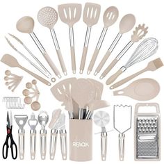 a collection of kitchen utensils and accessories