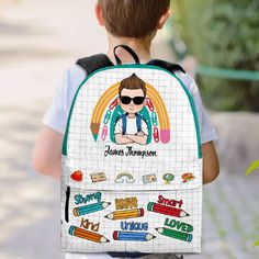 If you want to surprise your kid with a practical and inspiring gift, you can’t go wrong with this personalized backpack. It’s perfect for their back-to-school, birthday, or any other occasion.You can make this backpack even more personal by adding their name, and other details that reflect their personality. It’s ideal for kids of any age, from preschool to primary school, and beyond.Treat your kid to a personalized backpack that will motivate them every day, and make them feel cherished and va Fun School Backpack For Back To School, Fun White Standard Backpack, Fun Student Backpack For Back To School, Fun Backpack For Back To School, Personalized White Backpack For Students, Personalized White School Backpack, Personalized White Backpack For School, Customizable Backpack For End Of School Year Events, Personalized White Standard Backpack