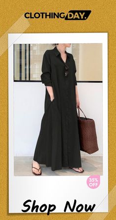 Long Sleeve Simple Loose Casual Long Dress Long Dresses With Pockets For Day Out, Long Sleeve Maxi Dress With Pockets For Day Out, Black Long Sleeve Maxi Dress With Pockets, Casual Long Maxi Dress For Work, Casual Long Dress, Long Dress Casual, Dresses By Length, Types Of Skirts, Single Piece