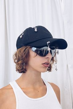 Ball & Chain Hat - Black Trendy Baseball Cap For Party, Adjustable Baseball Cap With Curved Brim For Party, Curved Brim Baseball Cap For Parties, Spring Party Visor Hat, Trendy Party Visor Hat, Trendy Visor Hat For Festivals, Trendy Adjustable Hat With Chain, Hat Chain, Trendy Adjustable Hat With Chain Detail