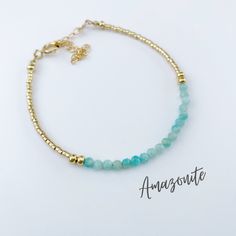 This beautiful amazonite gemstone bracelet is handcrafted with 4mm natural amazonite beads. The gold beading is done with high quality Japanese Miyuki Duracoat delica seed beads. The larger round gold beads are 14k gold filled for lasting quality. A 14k gold filled spring clasp completes the look. It's the perfect bracelet for layering or wearing all on its own! It's simple, yet elegant design makes it a great option for every day wear. This bracelet can be purchased in either 14k gold filled or Leather Jewelry Bracelet, Chakra Energy, Meditation Bracelet, Amazonite Bracelet, Jewerly Beads, Energy Bracelets, Beads Bracelet Design, Bracelet Design, Chain Extenders