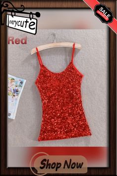 Fashion Women Ladies Camisole Tank Top Sequin Vest Bling Spaghetti Strap Glitter Sleeveless Slim Stretch Summer Tank Top With Sequins And Spaghetti Straps, Summer Sequin Spaghetti Strap Tank Top, Red Tank Top For Summer Parties, Summer Sequin Camisole Tank Top, Sequin Spaghetti Strap Camisole For Party Season, Red Sleeveless Camisole For Party, Summer Glitter Tops, Party Stretch Tank Camisole, Stretch Sequined Tank Top