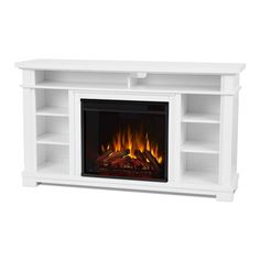 a white entertainment center with an electric fireplace