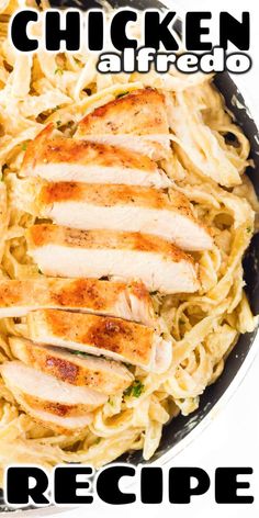 chicken alfredo in a skillet with text overlay