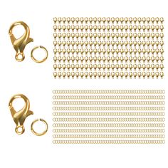 two pairs of gold colored metal rings and chains on white background with clippings