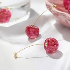 Celia Pink Cherry Earrings freeshipping - Deegnt Ear Bar, Cherry Drop Earrings, Kawaii Earrings, Cherry Earrings, Fruit Earrings, Bar Studs, Long Drop Earrings, Sweet Cherries, Acrylic Earrings