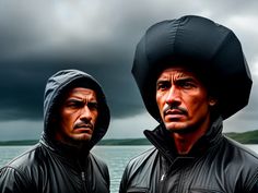 two men standing next to each other in front of a body of water under a cloudy sky