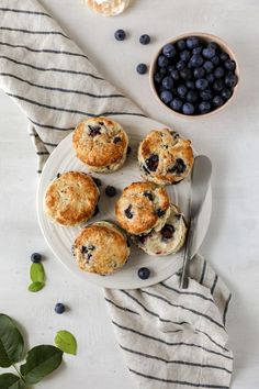 blueberry muffins on a plate with a bowl of blueberries next to it