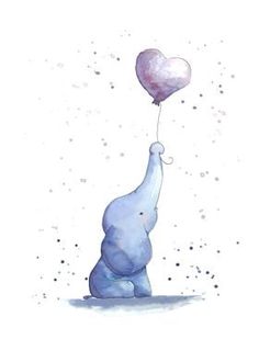 an elephant holding a heart shaped balloon in the air