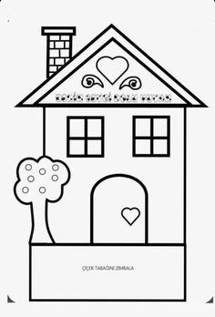 a house with hearts on the roof and trees in front of it, coloring page