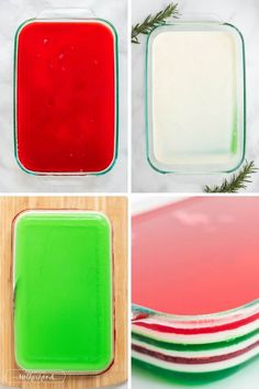 four different colored plates with green, red and white dishes in them on top of each other