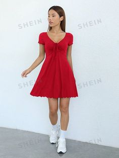 Type:A Line \nStyle:Casual \nDetails:Drawstring \nHem Shaped:Flared \nWaist Line:High Waist \nDetails:Lettuce Trim \nDetails:Ruched \nNeckline:V neck \nSleeve Type:Regular Sleeve \nColor:Red \nPattern Type:Plain \nSleeve Length:Short Sleeve \nFit Type:Regular Fit \nLength:Short \nMaterial:Knitted Fabric \nComposition:64% Polyester \nComposition:30% Viscose \nComposition:6% Elastane \nCare Instructions:Machine wash or professional dry clean \nSheer:No \nFabric:Slight Stretch \nSpecial Features:Forest-Safe Fibers \n Womens Knit Dresses, Knitted Dress, Mini Dresses, Dress P, Fashion Online Shop, Online Fashion, All Fashion, Knit Dress, Men's Clothing