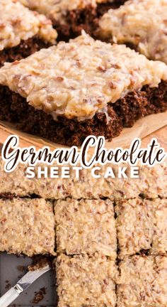 german chocolate sheet cake cut into squares and stacked on top of each other with text overlay