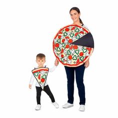 a woman and child wearing matching pizza costumes, one holding the other's hand