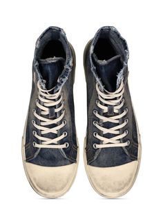 Denim upper. Front lace-up closure. Reinforced eyelets. Logo details. Rubber sole. Vintage effect and intentionally distressed areas may vary Lux Fashion, Balenciaga Mens, Vintage Effect, 90s Denim, Balenciaga Shoes, Shoes Casual, High Top, Lace Front, Top Sneakers