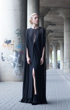 Every girl needs some drama in her life. The black cape dress is the ultimate... Black Cape Dress, Golden Necklaces, Plunging Neckline Dress, Silk Cape, Women Lifting, Crop Top With Jeans, Pointy Heels, Black Cape, Bespoke Fashion