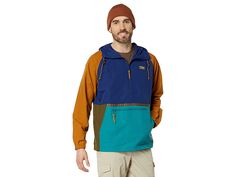 L.L.Bean Mountain Classic Anorak Multicolor Regular - Men's Jacket : Collegiate Blue/Rustic Green : Offering comfort and functionality, the L.L.Bean Mountain Classic Anorak Multicolor Regular Rain Jacket is crafted from a wind-and-water resistant fabic design. Attached hood and long sleeves. Half zip-placket on the front. Kangaroo pocket on the front along with a zippered pocket. Two side pockets. Elasticized sleeve cuffs. Intended to hit at the hip. 100% nylon. Machine wash, tumble dry. Importe Ll Bean, Half Zip, Rain Jacket, Mens Jackets, Long Sleeve