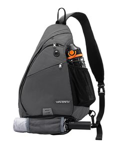 a gray backpack with an orange and black water bottle attached to it's front pocket