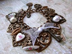 Chocolate Brass Multi Heart Guilloche FOB Vintage by MockiDesigns Weird Accessories, Found Object Jewelry, Vintage Key, Vintage Keys, Strand Bracelet, Brass Jewelry, Charm Bracelets, Charm Jewelry, Faux Pearl