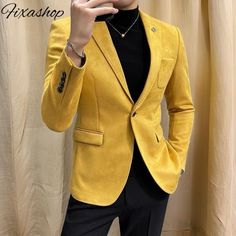 This is a Classy yellow velvet 2 Piece Suit by fixashop /crafted from high quality fabric and imported materials. Our products are handcrafted by experienced tailors who make sure the that the stitching is precise, lining is proper and the overall product is sturdy enough to not go out of shape for more than a few years. Also all our products have extra margins in their length, sleeves, sides so it's easily alterable if your size changes after some time. To see more available colours and designs Engagement Suits, Office Suit, Yellow Suit, Black Suit Men, Suit Covers, Mens Wedding Attire, Velvet Blazer, Wedding Suits Men, Black Suits