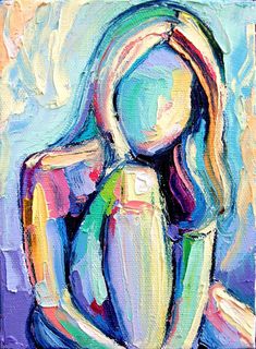 an abstract painting of a woman's face and shoulders in blue, green, pink, yellow, orange